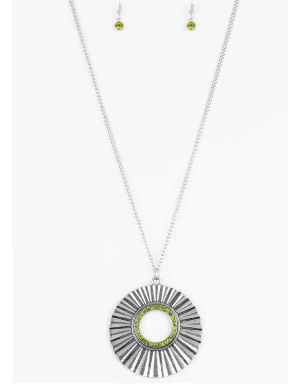 Silver Pendant Necklace with Lime Green Accent